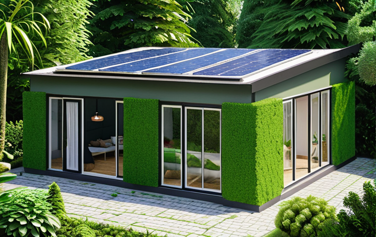 **Prompt:** "A modern eco-friendly building with large windows maximizing natural light, surrounded by lush green plants on the exterior walls, resembling a green castle. Solar panels are visible on the roof. Interior shows a bright and comfortable living space."
