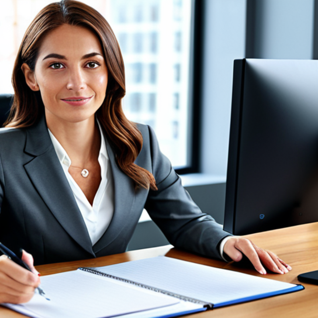 **
Professional businesswoman in a modest business suit, sitting at a desk in a modern office, fully clothed, appropriate attire, safe for work, perfect anatomy, natural proportions, professional photography, high quality, family-friendly.
**