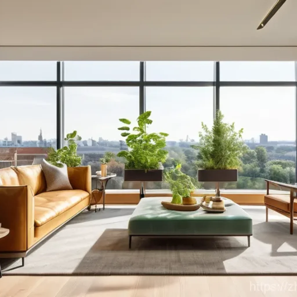 친환경 건축과 글로벌 트렌드 비교 - A brightly lit, modern living room in a green building. Large, floor-to-ceiling windows offer a pano...