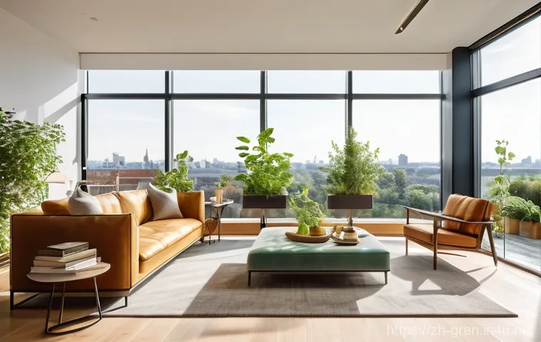 친환경 건축과 글로벌 트렌드 비교 - A brightly lit, modern living room in a green building. Large, floor-to-ceiling windows offer a pano...