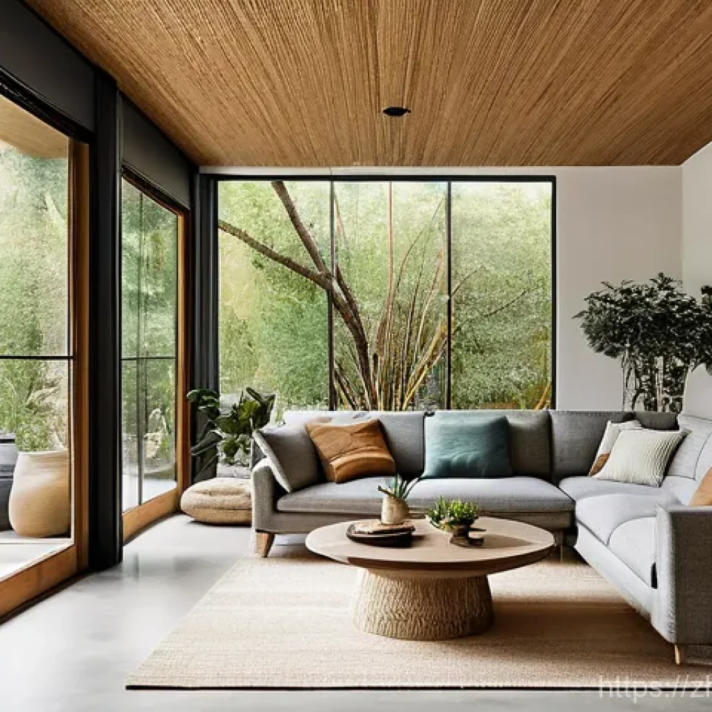 친환경 건축과 문화적 가치 접목 - **Prompt: A modern, open-plan living space within a sustainable green home, radiating warmth and nat...