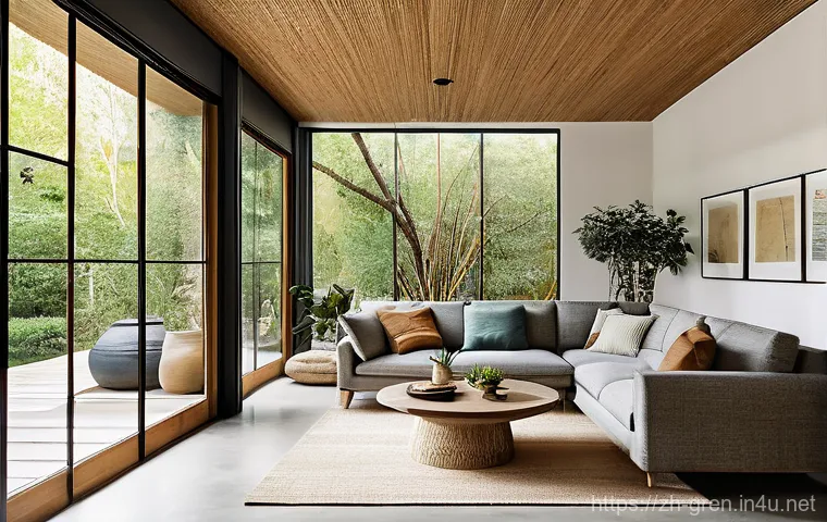 친환경 건축과 문화적 가치 접목 - **Prompt: A modern, open-plan living space within a sustainable green home, radiating warmth and nat...