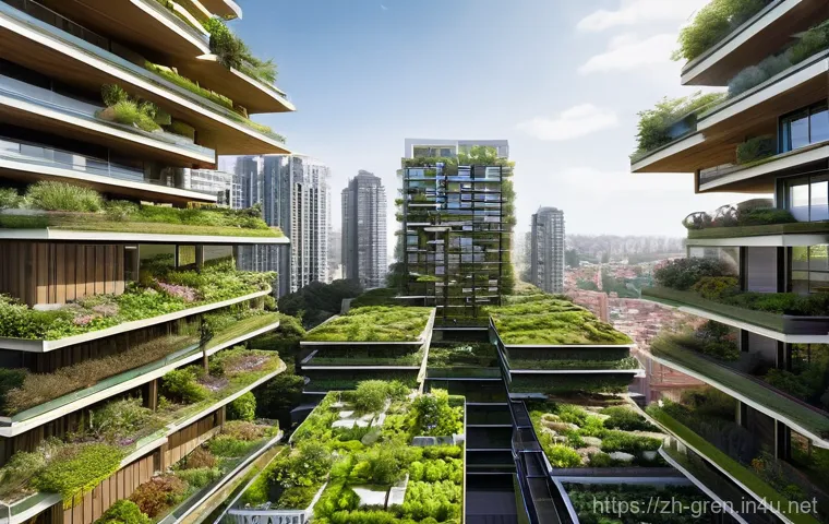 친환경 건축과 미래 건축 전망 - **Prompt Title: Urban Oasis: The Breathing Vertical Forest Community**
    A wide, eye-level shot of...