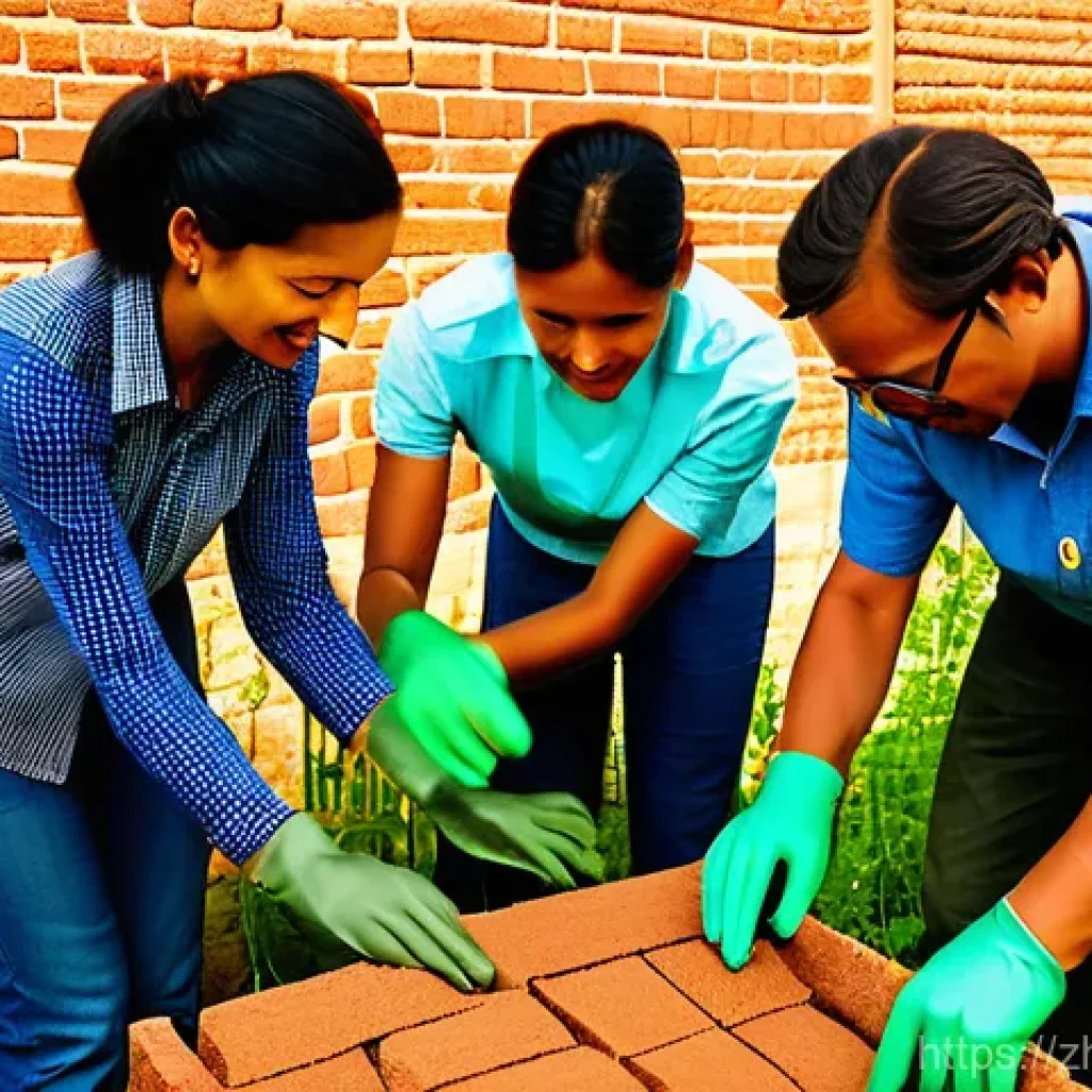 친환경 건축 실습 교육 프로그램 추천 - Prompt 1: A group of diverse adults, male and female, in practical work clothes (jeans, durable shir...