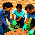 친환경 건축 실습 교육 프로그램 추천 - Prompt 1: A group of diverse adults, male and female, in practical work clothes (jeans, durable shir...