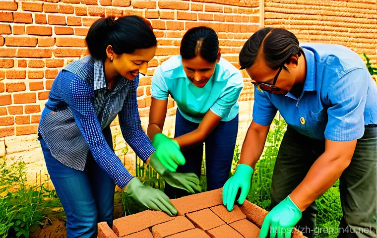 친환경 건축 실습 교육 프로그램 추천 - Prompt 1: A group of diverse adults, male and female, in practical work clothes (jeans, durable shir...