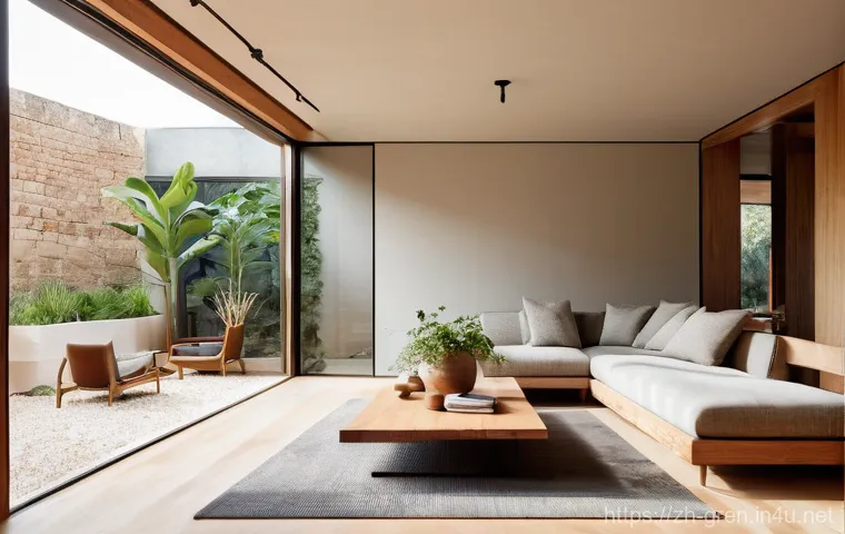 친환경 건축과 전통 건축 융합 사례 - **"Harmonious Fusion: A Modern Eco-Home with Ancient Soul"**
    A bright, wide-angle interior shot ...